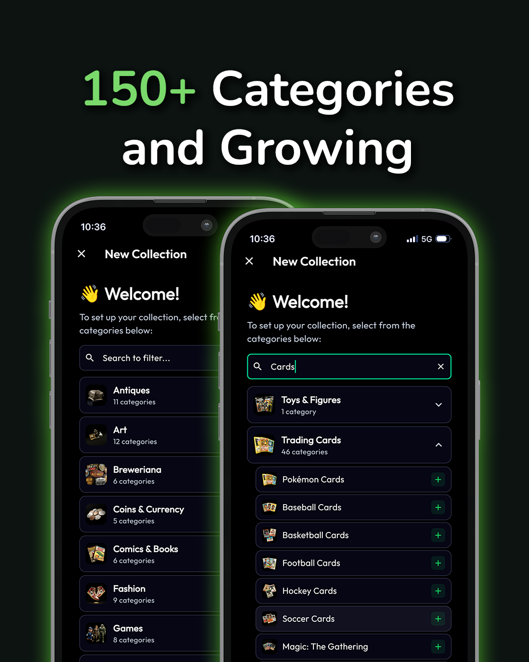Minti category picker showing collection groups including Antiques, Art, Breweriana, Coins and Currency, Comics and Books, Fashion, Games, Military and Political, plus 46 Trading Card subcategories like Pokemon, Baseball, Basketball, Football, Hockey, Soccer, and Magic The Gathering
