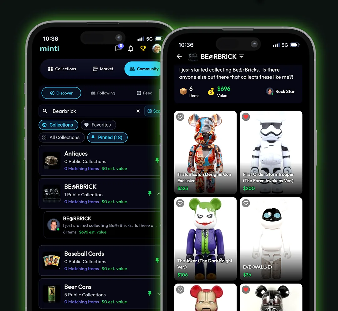 Minti community Discover tab showing public collections for Antiques, BE@RBRICK, Baseball Cards, and Beer Cans, alongside a BE@RBRICK collection by Rock Star with 6 items valued at $696 featuring Tristan Eaton DesignerCon Exclusive, First Order Stormtrooper, The Joker Dark Knight, and EVE WALL-E figures
