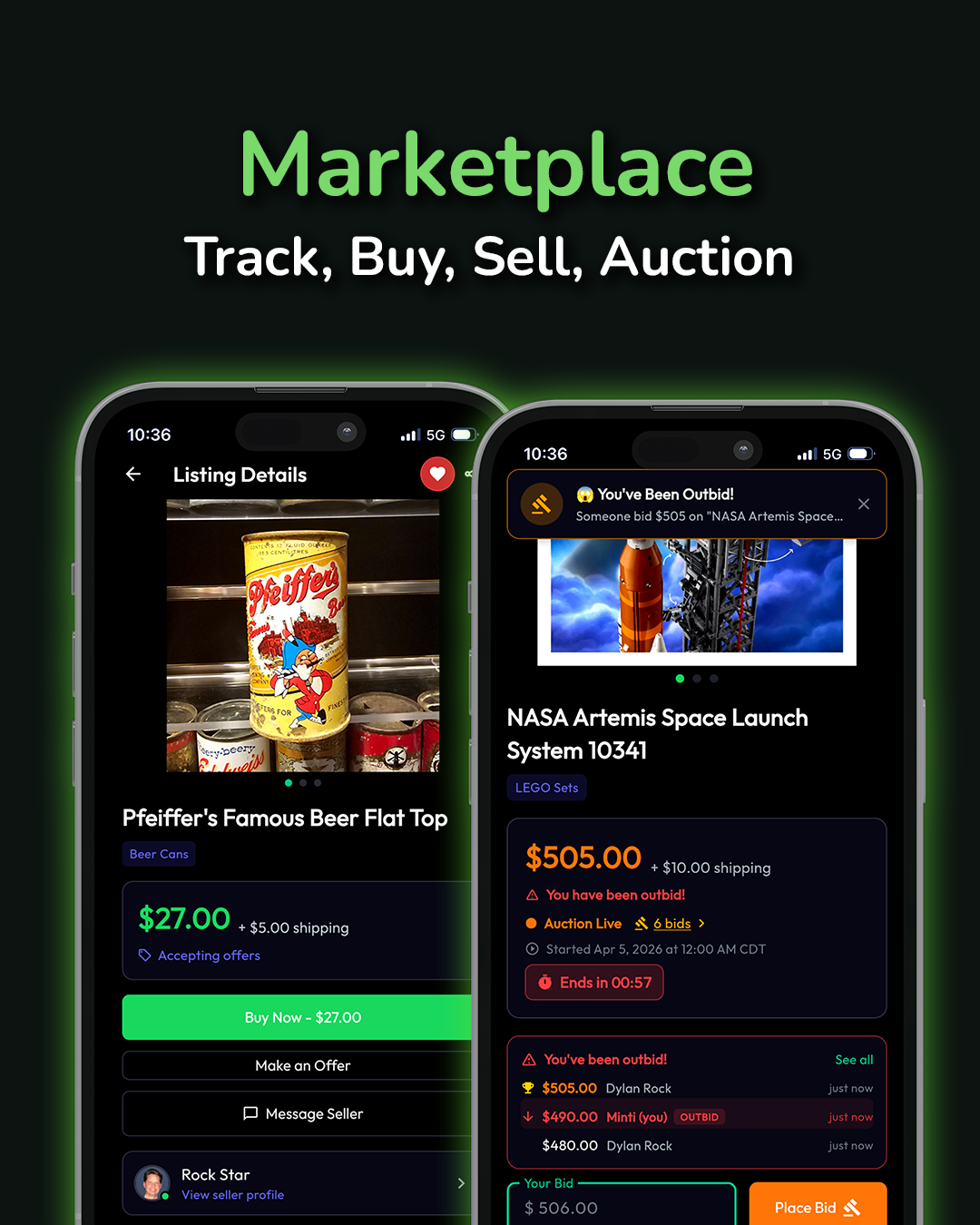 Minti marketplace listing for Pfeiffer's Famous Beer Flat Top can priced at 27 dollars with Buy Now, Make an Offer, and Message Seller buttons, alongside a live auction for NASA Artemis Space Launch System LEGO set at $505 with 6 bids and outbid notification