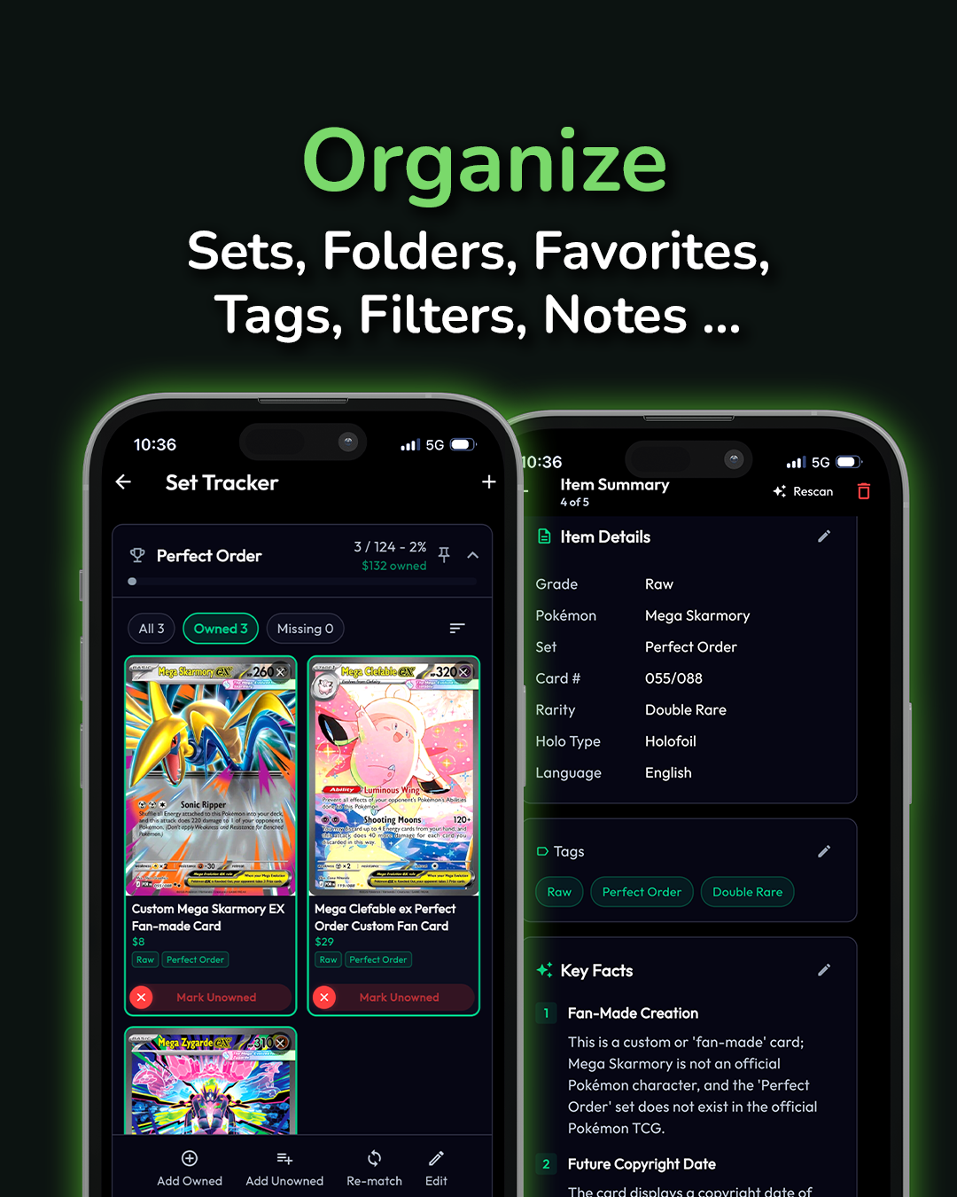 Minti set tracker showing Pokemon Perfect Order set with 3 of 124 owned cards including Mega Skarmory EX and Mega Clefable EX, alongside item details with grade Raw, rarity Double Rare, Holofoil type, and Key Facts annotations