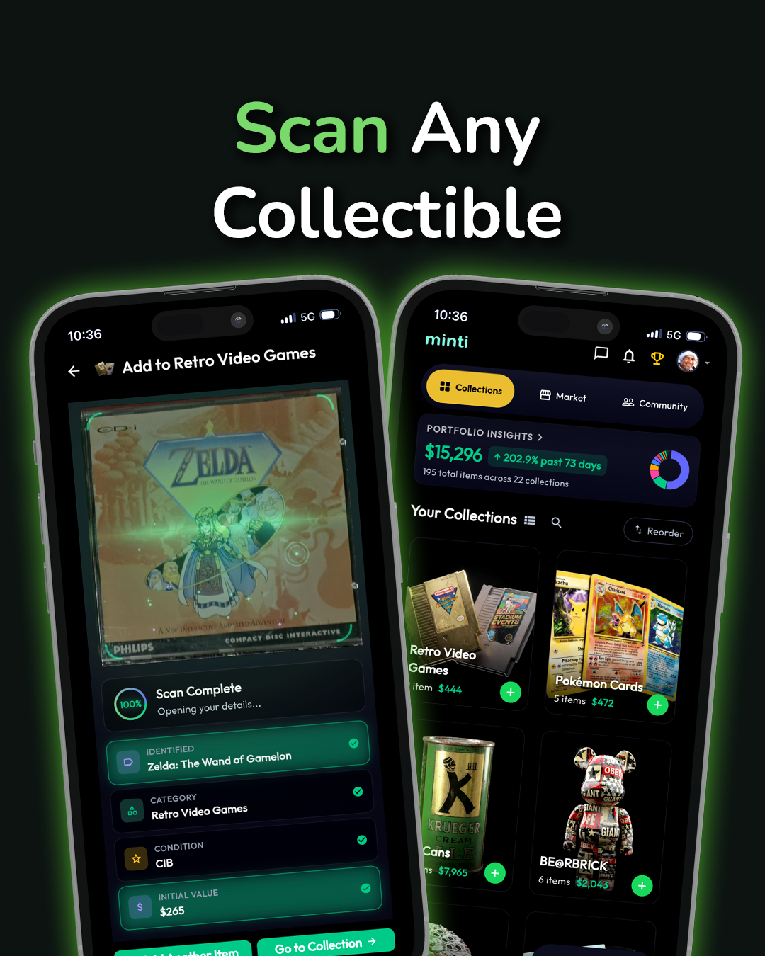 Minti scanning a Zelda CD-i game with AI identifying the item and displaying a collection dashboard with portfolio value of $15,296