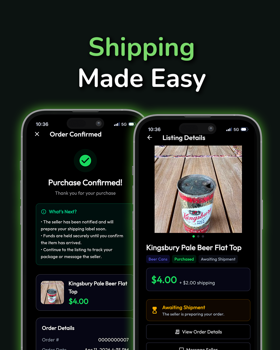 Minti order confirmation screen showing Purchase Confirmed message with seller notified, funds held securely until delivery confirmation, alongside a Kingsbury Pale Beer Flat Top listing marked as Purchased and Awaiting Shipment with View Order Details and Message Seller buttons