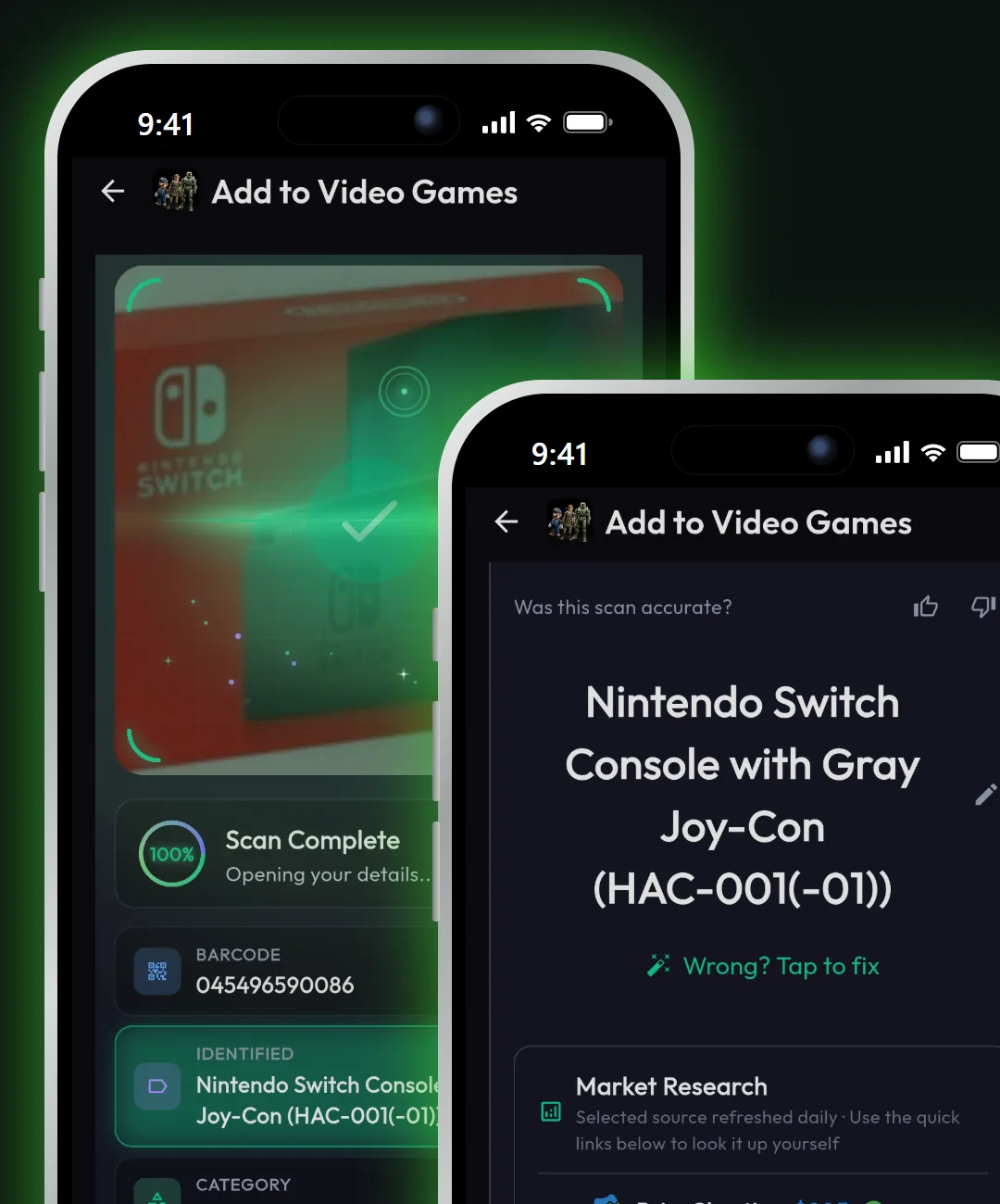Minti barcode scan of a Nintendo Switch console, with the PriceCharting price by condition on a second phone