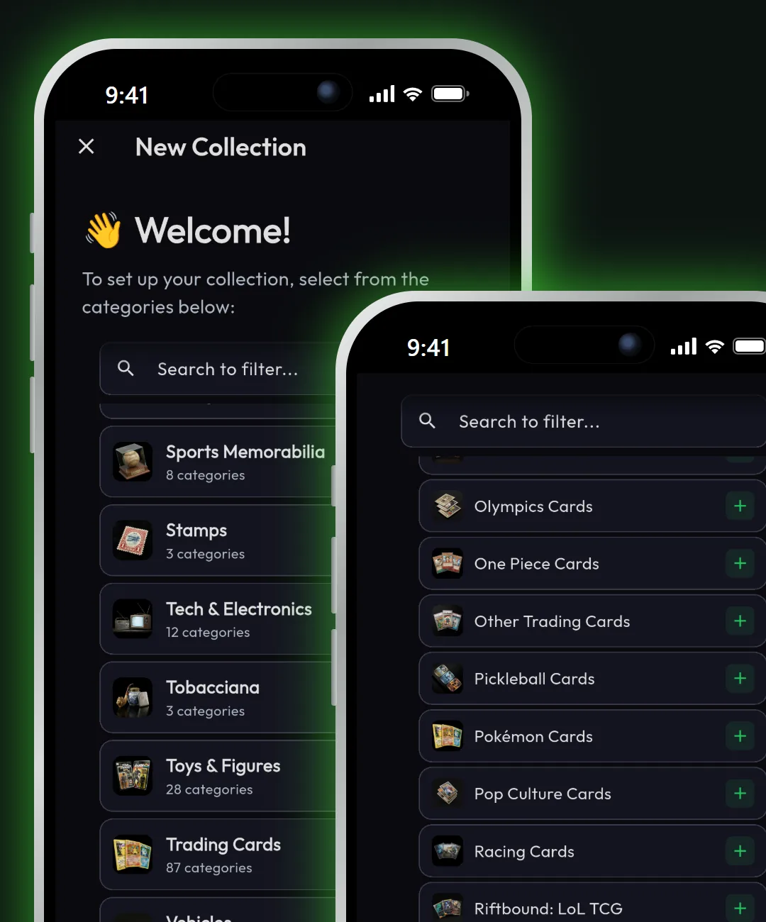 Minti category picker showing collection groups such as Sports Memorabilia, Stamps, Toys and Figures and Trading Cards, with the Trading Cards list of Pokemon, One Piece and sports card categories open on a second phone