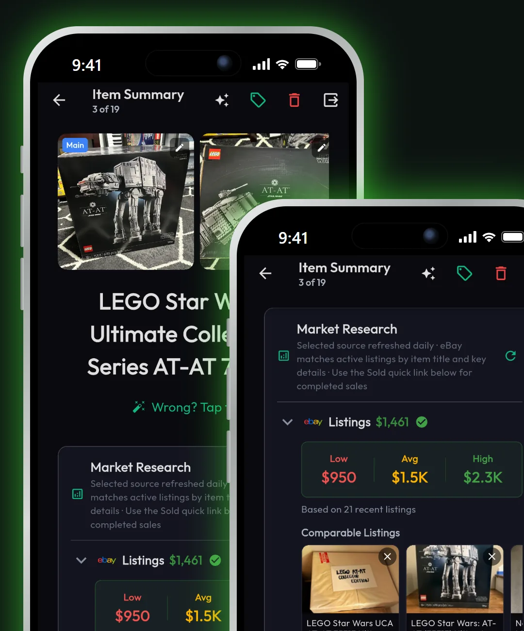 Minti item summary for a LEGO Star Wars UCS AT-AT with eBay listing prices and the PriceCharting guide price shown side by side, comparable listings and a currently selected source