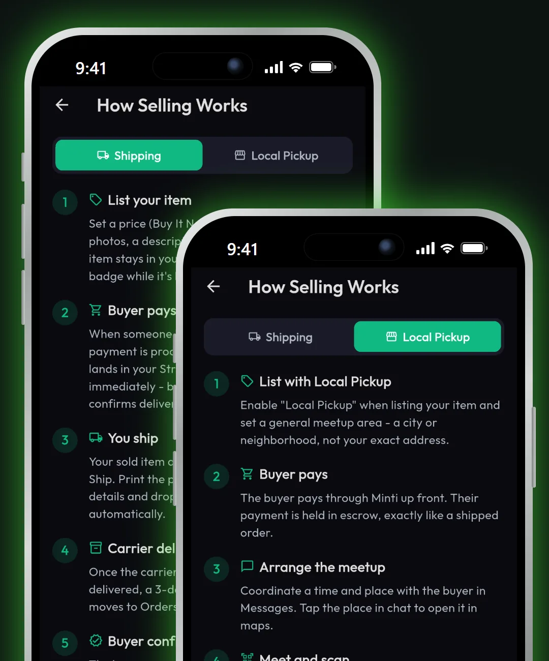 Minti How Selling Works guide showing the shipping steps and the local pickup steps with payment held until delivery or handoff