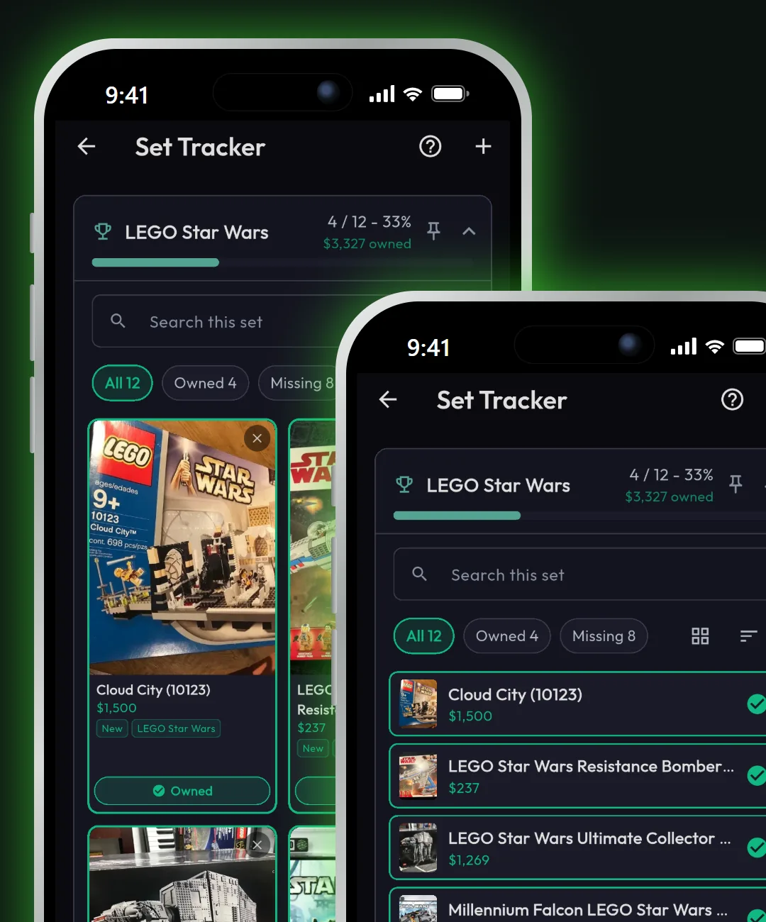 Minti Set Tracker for a LEGO Star Wars set showing owned and missing counts and percent complete, with the checklist of sets open on a second phone